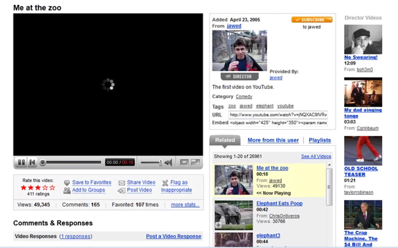 Video watch page showing "Me at the zoo," YouTube's first video (2007)
